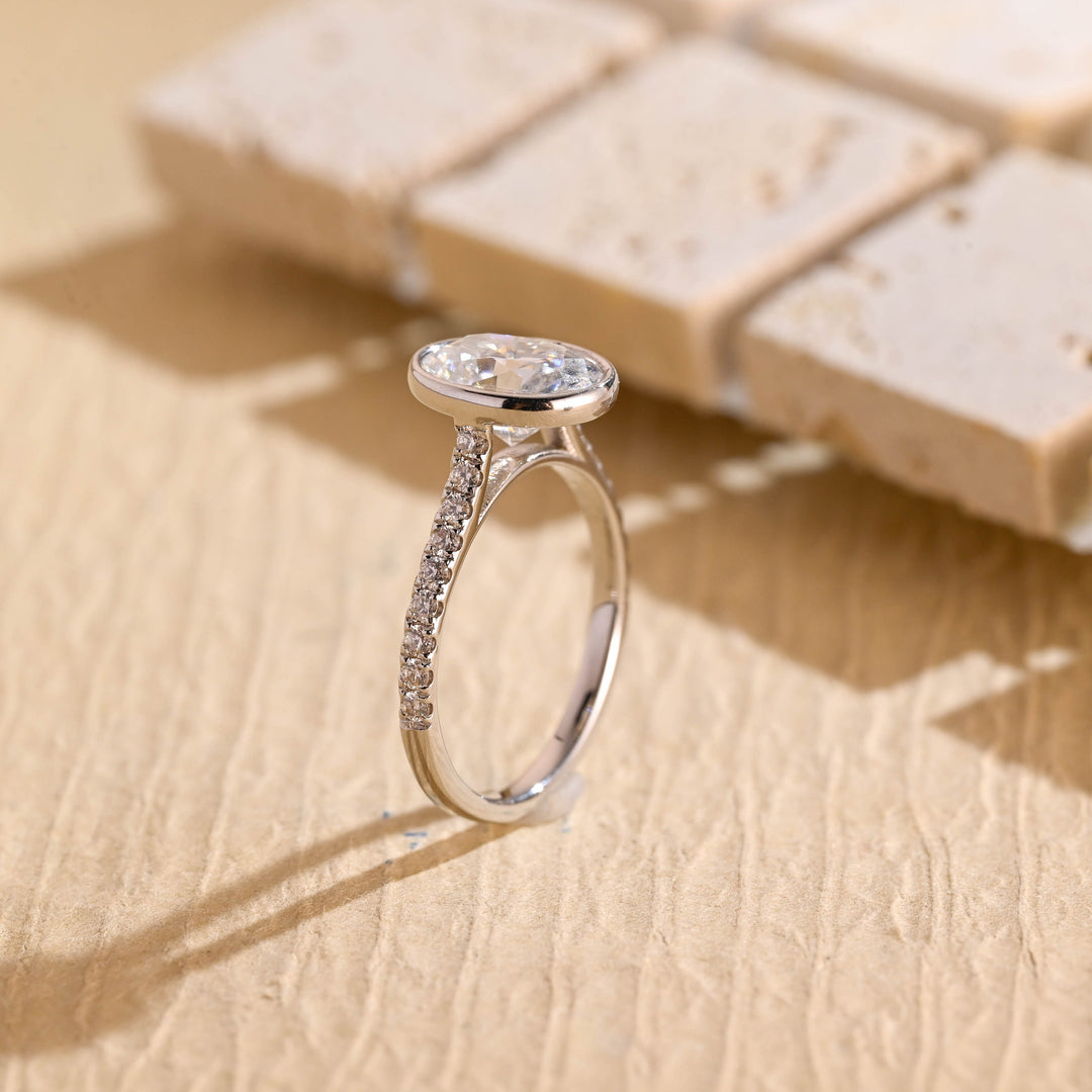 2.0ct-3.0ct Bezel Set Oval Cut Lab Grown Diamond Pave Engagement Ring