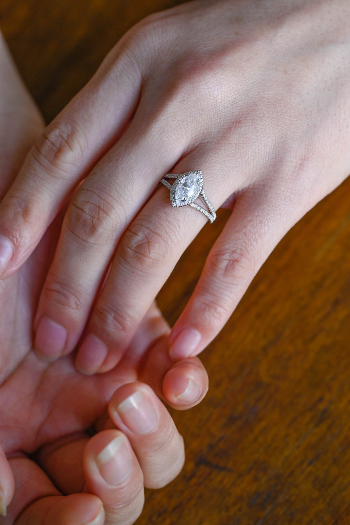 1.0ct-2.0ct Marquise Cut Lab Grown Halo Diamond Split Shank Engagement Ring