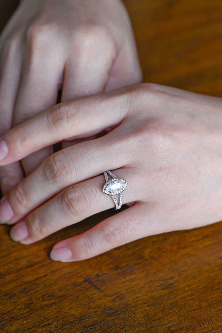 1.0ct-2.0ct Marquise Cut Lab Grown Halo Diamond Split Shank Engagement Ring