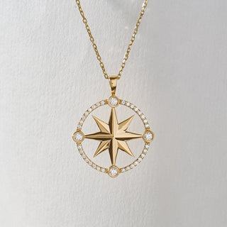 Compass Diamond Moissanite Necklace in 14K Yellow Gold