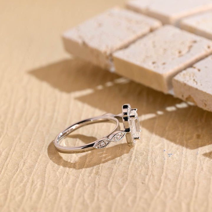 1.0ct-2.0ct Emerald Cut Lab Grown Diamond Vintage Halo Engagement Ring