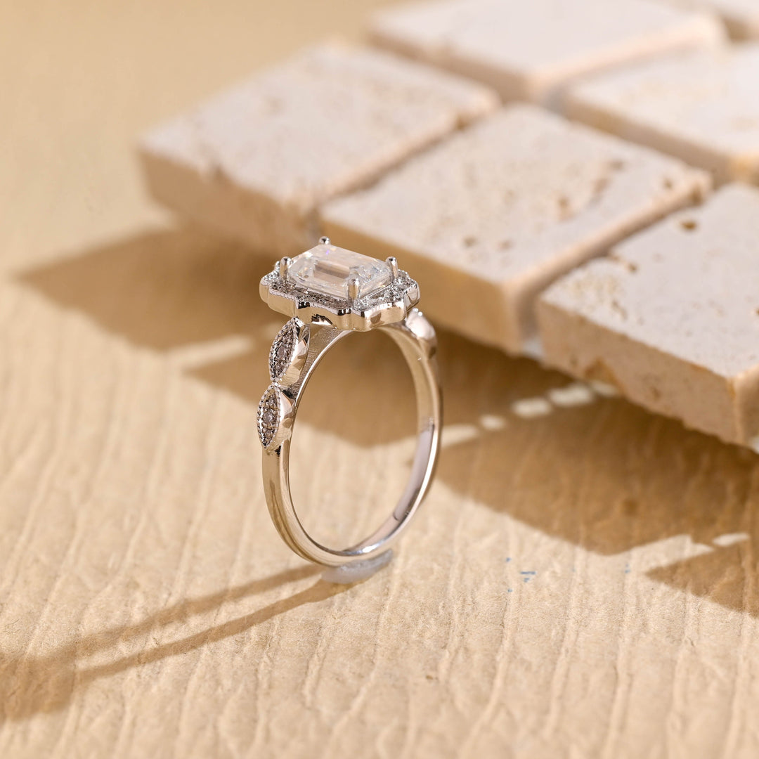 1.0ct-2.0ct Emerald Cut Lab Grown Diamond Vintage Halo Engagement Ring