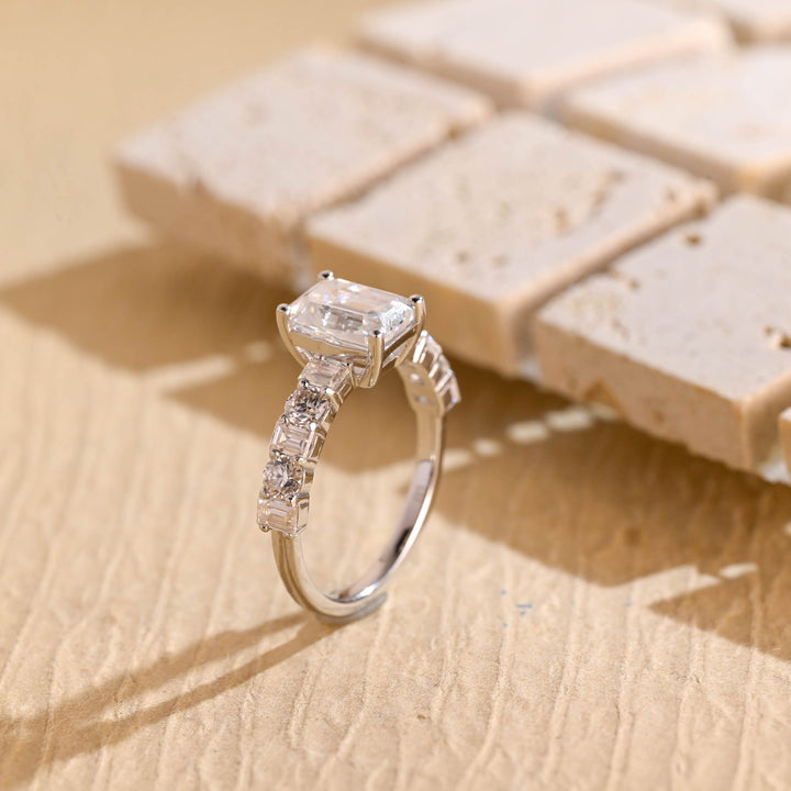 1.0ct-2.0ct Emerald Cut Lab Grown Diamond Unique Pave Engagement Ring