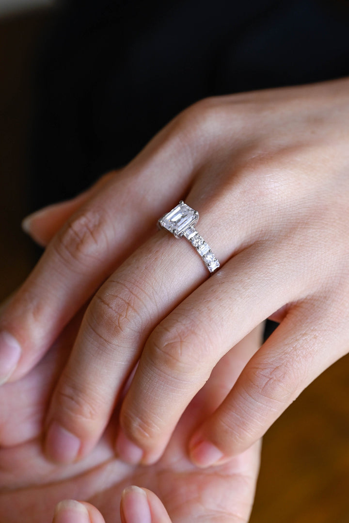 1.0ct-2.0ct Emerald Cut Lab Grown Diamond Unique Pave Engagement Ring
