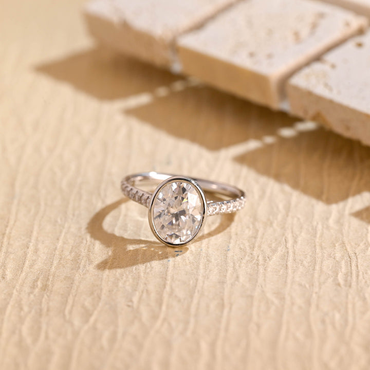 2.0ct-3.0ct Bezel Set Oval Cut Lab Grown Diamond Pave Engagement Ring