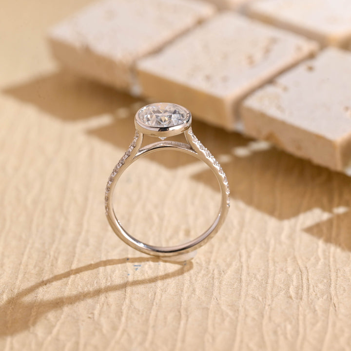 2.0ct-3.0ct Bezel Set Oval Cut Lab Grown Diamond Pave Engagement Ring