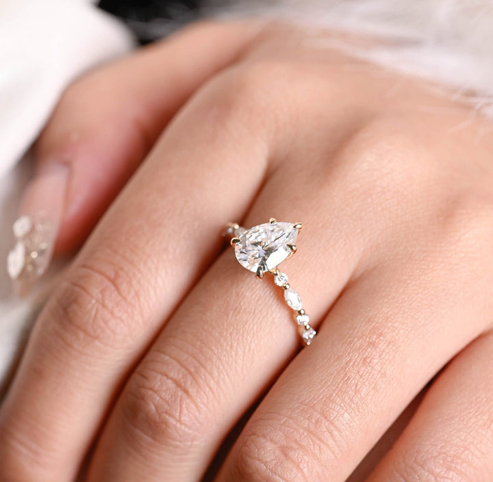 1.0ct-2.0ct Pear Cut Lab Grown Diamond Pave Engagement Ring