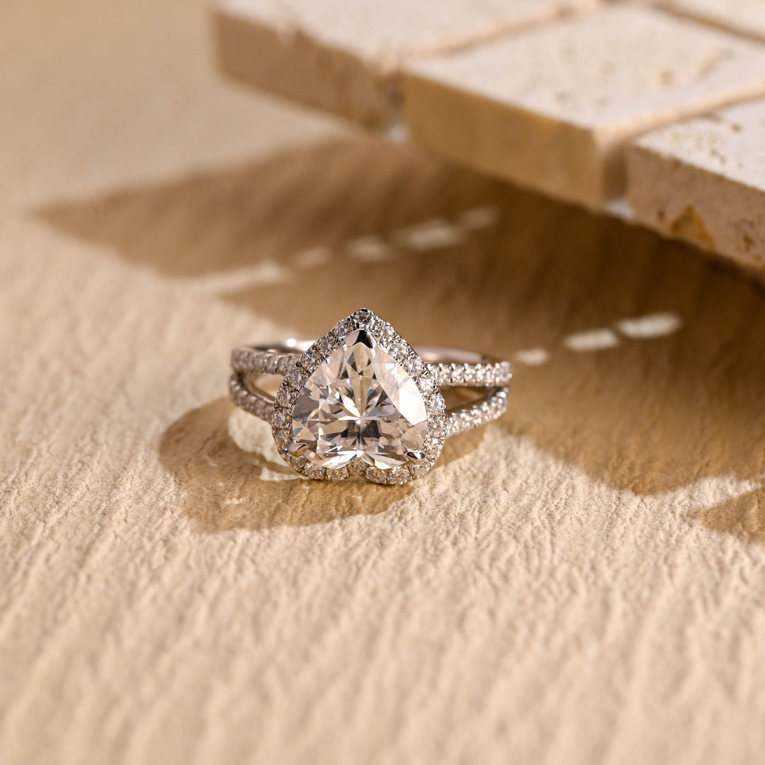 2.0ct-3.0ct Heart Cut Halo Lab Grown Diamond Split Shank Engagement Ring