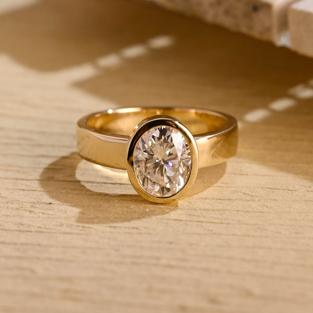 1.50ct-2.50ct Bezel Set Oval Cut Lab Grown Diamond Thick Band Engagement Ring