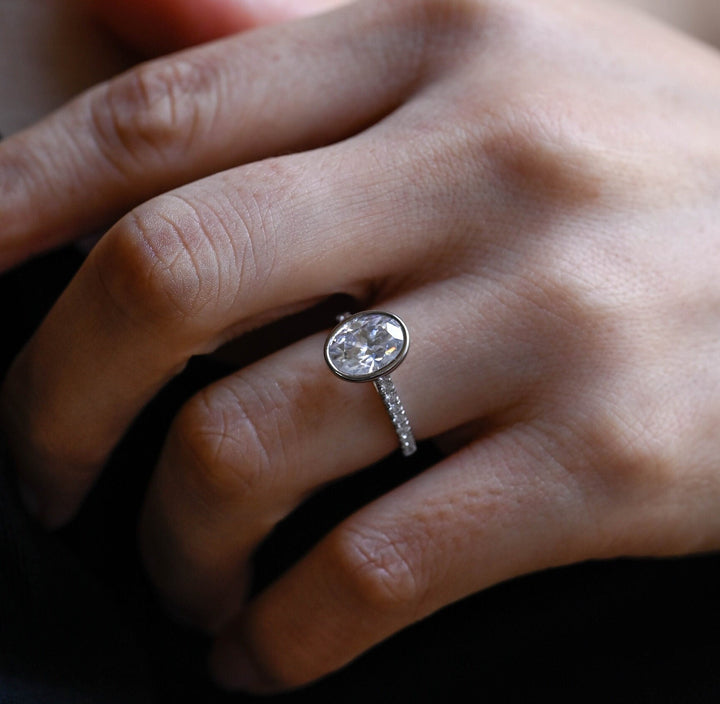 2.0ct-3.0ct Bezel Set Oval Cut Lab Grown Diamond Pave Engagement Ring