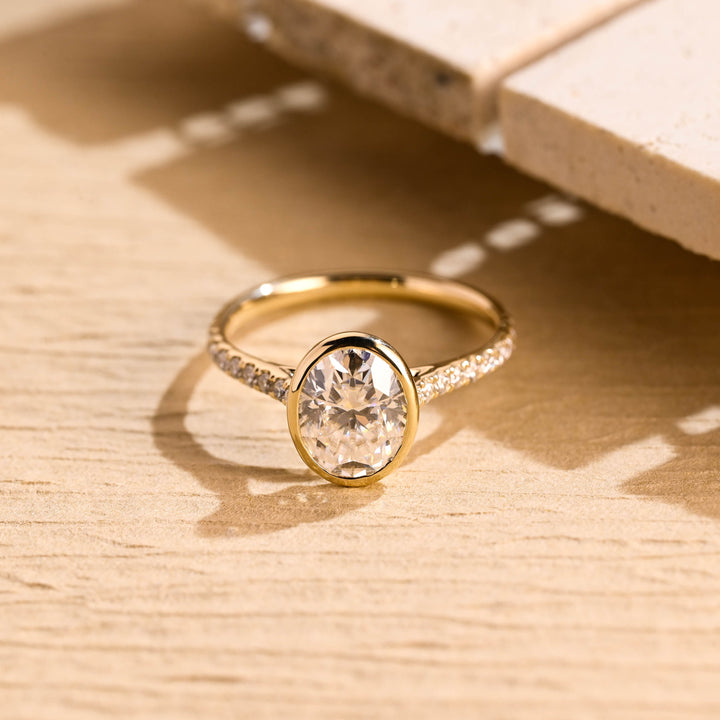 2.0ct-3.0ct Bezel Set Oval Cut Lab Grown Diamond Pave Engagement Ring