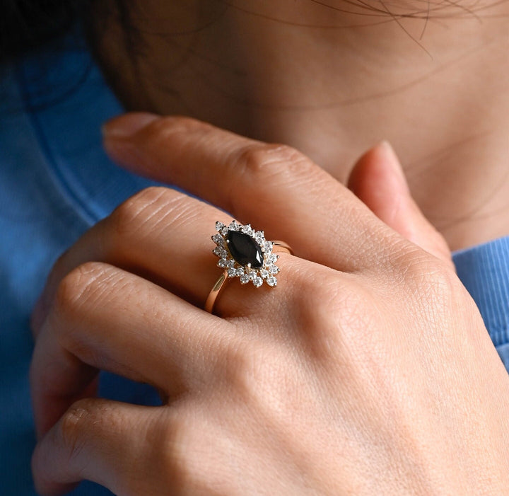 1.0ct-2.0ct Black Marquise Cut Lab Grown Diamond Cluster Engagement Ring