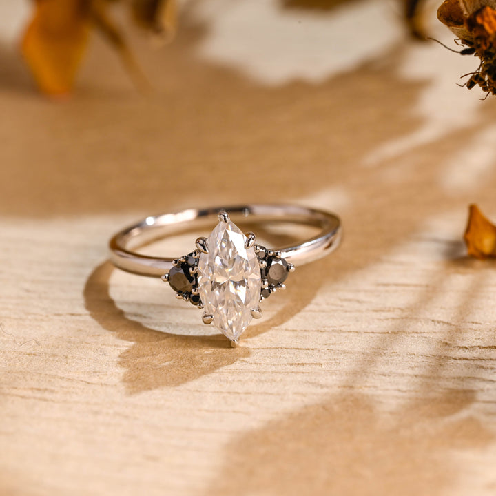 1.50ct-2.50ct Marquise Cut Lab Grown Diamond Cluster Engagement Ring With Black Diamond