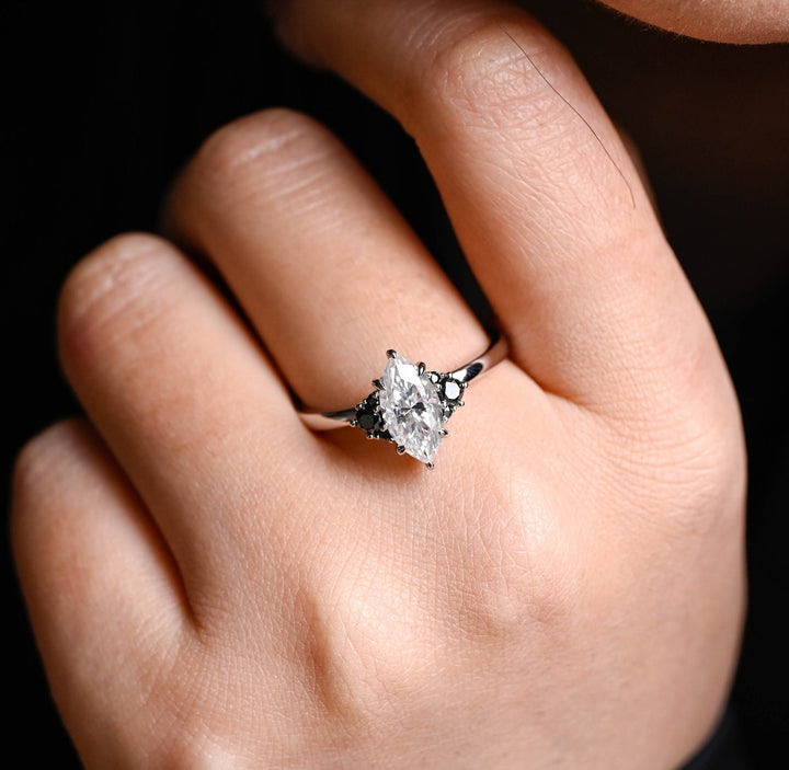 1.50ct-2.50ct Marquise Cut Lab Grown Diamond Cluster Engagement Ring With Black Diamond