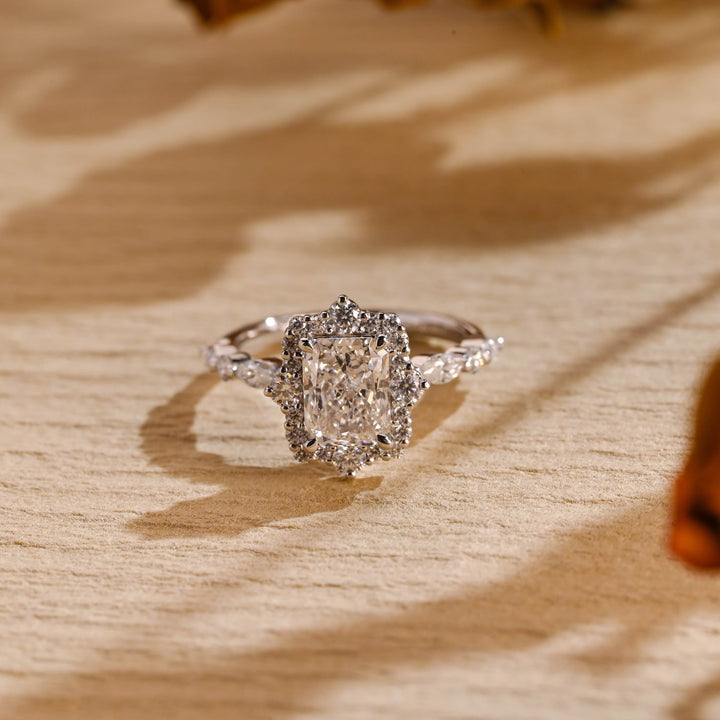 1.0ct-2.0ct Radiant Cut Lab Grown Diamond Unique Halo Engagement Ring