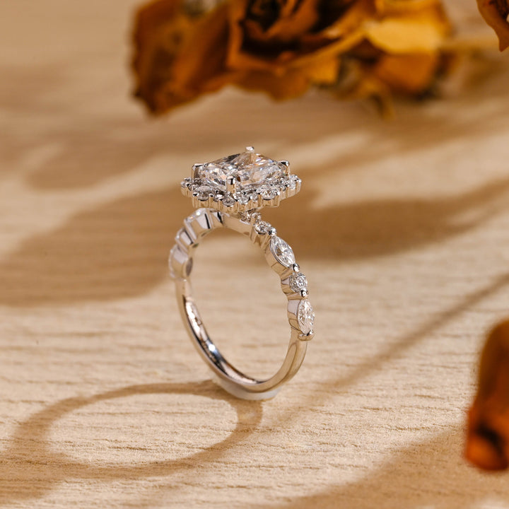 1.0ct-2.0ct Radiant Cut Lab Grown Diamond Unique Halo Engagement Ring