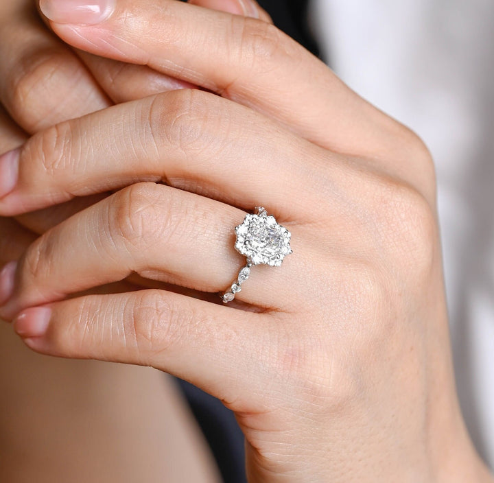 1.0ct-2.0ct Radiant Cut Lab Grown Diamond Unique Halo Engagement Ring