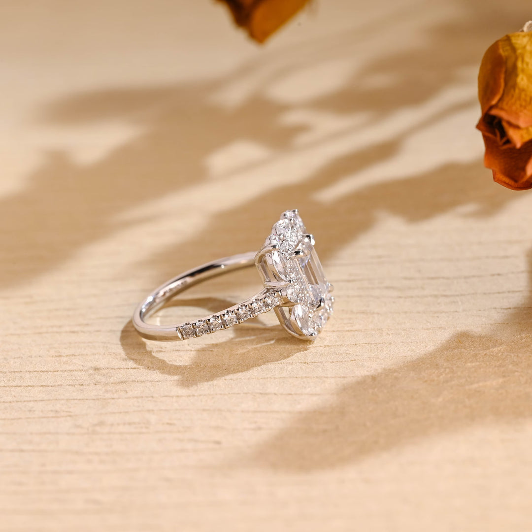 1.0ct-2.0ct Emerald Cut Lab Grown Diamond Halo Cluster Engagement Ring