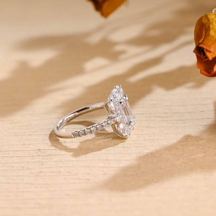 1.0ct-2.0ct Emerald Cut Lab Grown Diamond Halo Cluster Engagement Ring