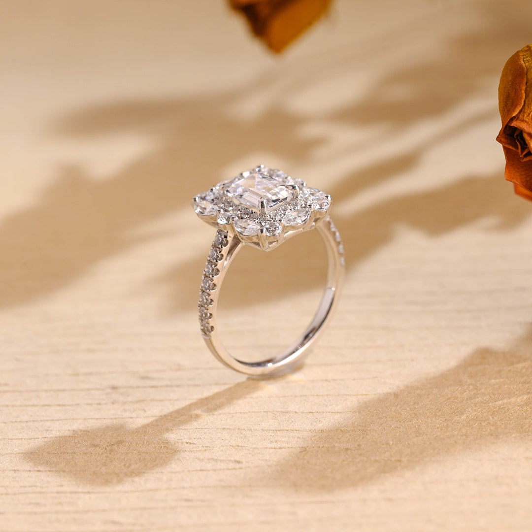 1.0ct-2.0ct Emerald Cut Lab Grown Diamond Halo Cluster Engagement Ring