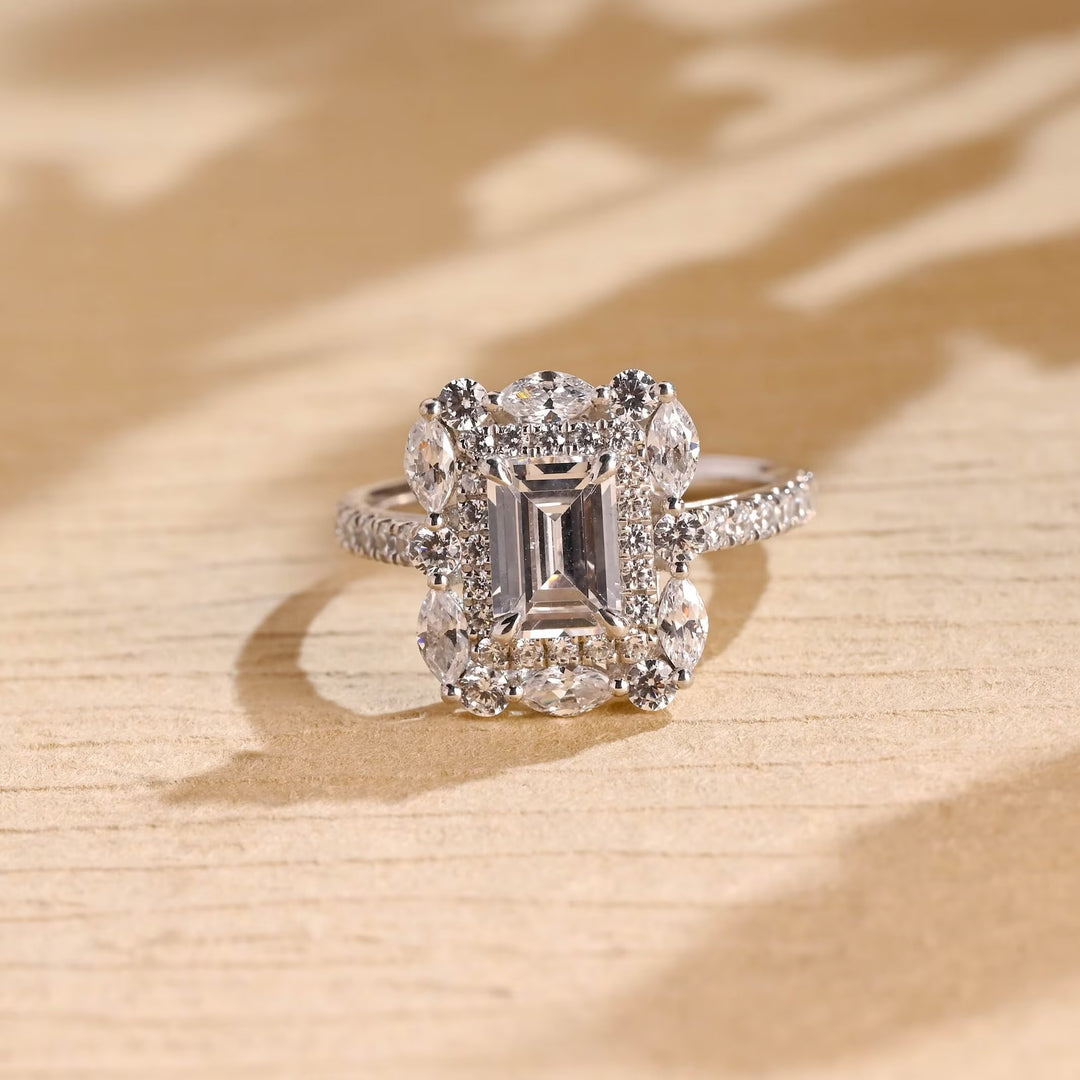 1.0ct-2.0ct Emerald Cut Lab Grown Diamond Halo Cluster Engagement Ring