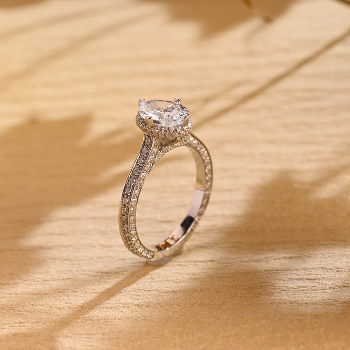 1.0ct-2.0ct Oval Cut Lab Grown Diamond Channel Set Pave Engagement Ring