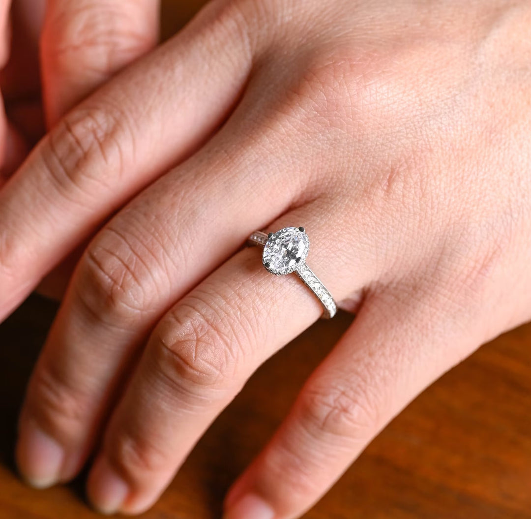 1.0ct-2.0ct Oval Cut Lab Grown Diamond Channel Set Pave Engagement Ring