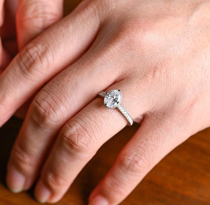 1.0ct-2.0ct Oval Cut Lab Grown Diamond Channel Set Pave Engagement Ring
