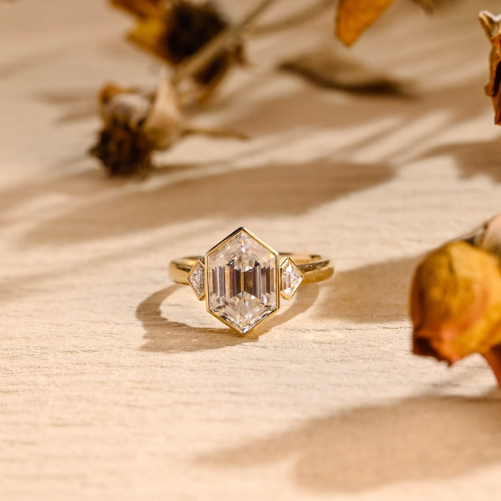 2.0ct-3.0ct Hexagon Cut Lab Grown Diamond Three Stone Engagement Ring