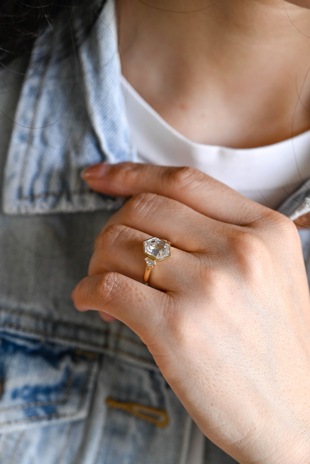 2.0ct-3.0ct Hexagon Cut Lab Grown Diamond Three Stone Engagement Ring