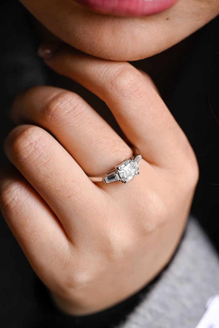 1.0ct-2.0ct Asscher Cut Lab Grown Diamond Three Stone Engagement Ring