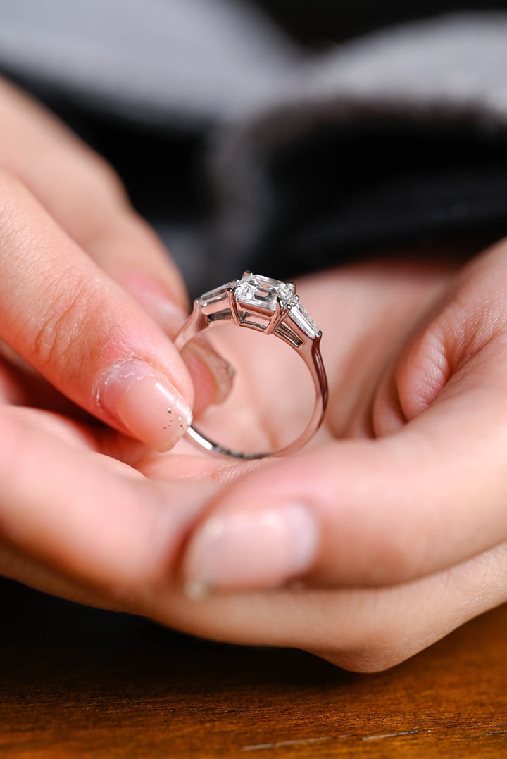 1.0ct-2.0ct Asscher Cut Lab Grown Diamond Three Stone Engagement Ring