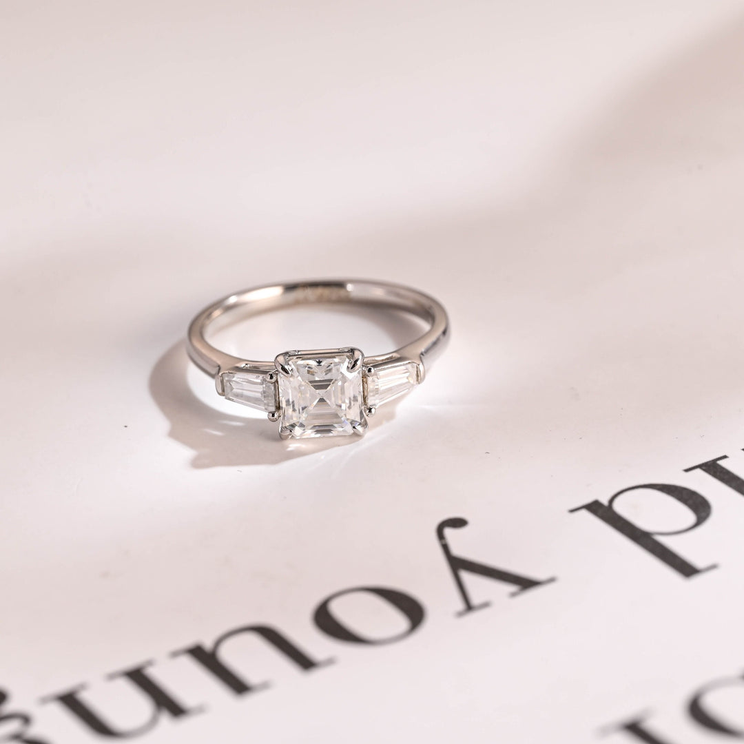 1.0ct-2.0ct Asscher Cut Lab Grown Diamond Three Stone Engagement Ring