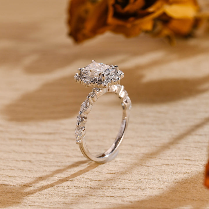 1.0ct-2.0ct Radiant Cut Lab Grown Diamond Unique Halo Engagement Ring