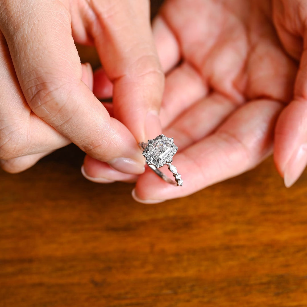 1.0ct-2.0ct Radiant Cut Lab Grown Diamond Unique Halo Engagement Ring