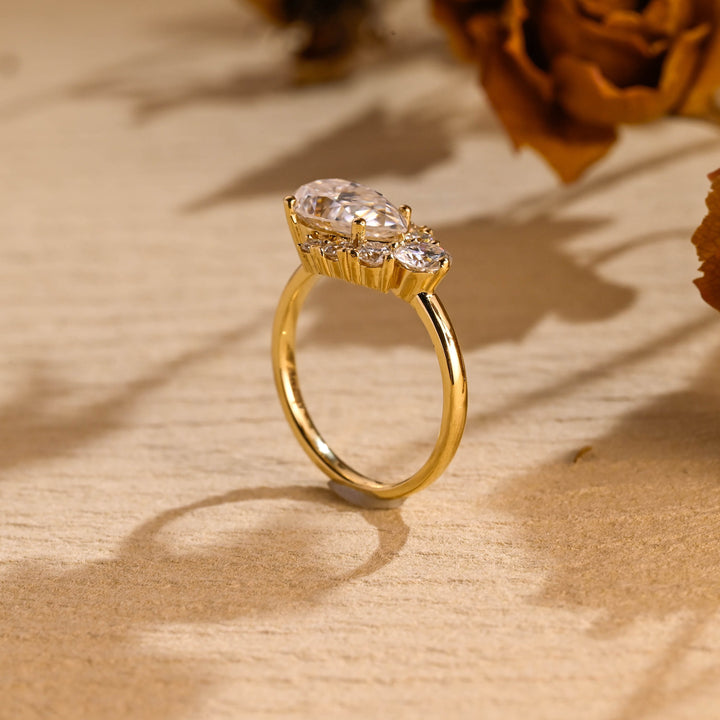 2.50ct-3.50ct Pear Cut Lab Grown Diamond Unique Cluster Engagement Ring