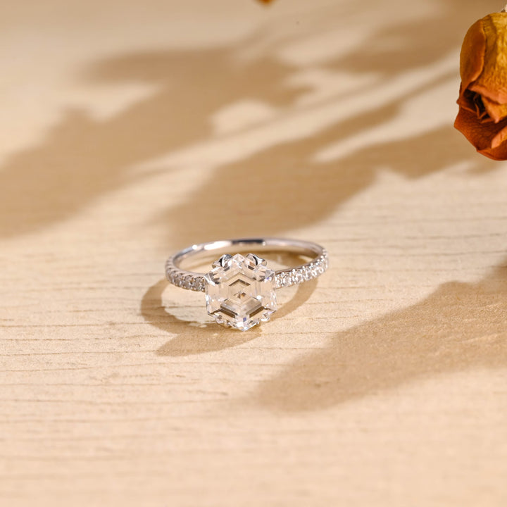 1.50ct-2.50ct Hexagon Cut Lab Grown Diamond Half-Pave Engagement Ring