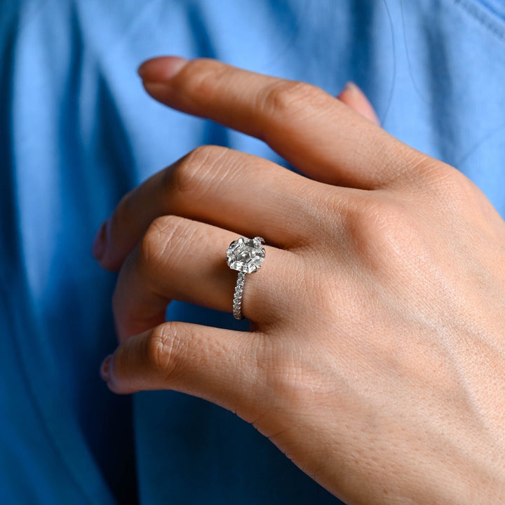 1.50ct-2.50ct Hexagon Cut Lab Grown Diamond Half-Pave Engagement Ring