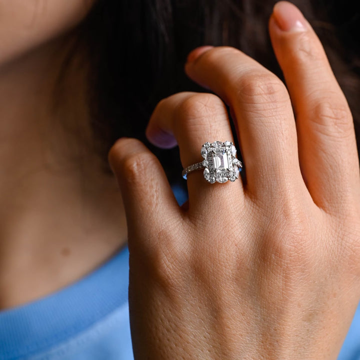 1.0ct-2.0ct Emerald Cut Lab Grown Diamond Halo Cluster Engagement Ring