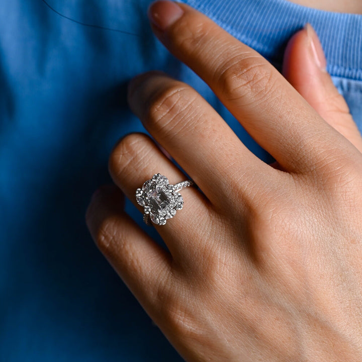 1.0ct-2.0ct Emerald Cut Lab Grown Diamond Halo Cluster Engagement Ring