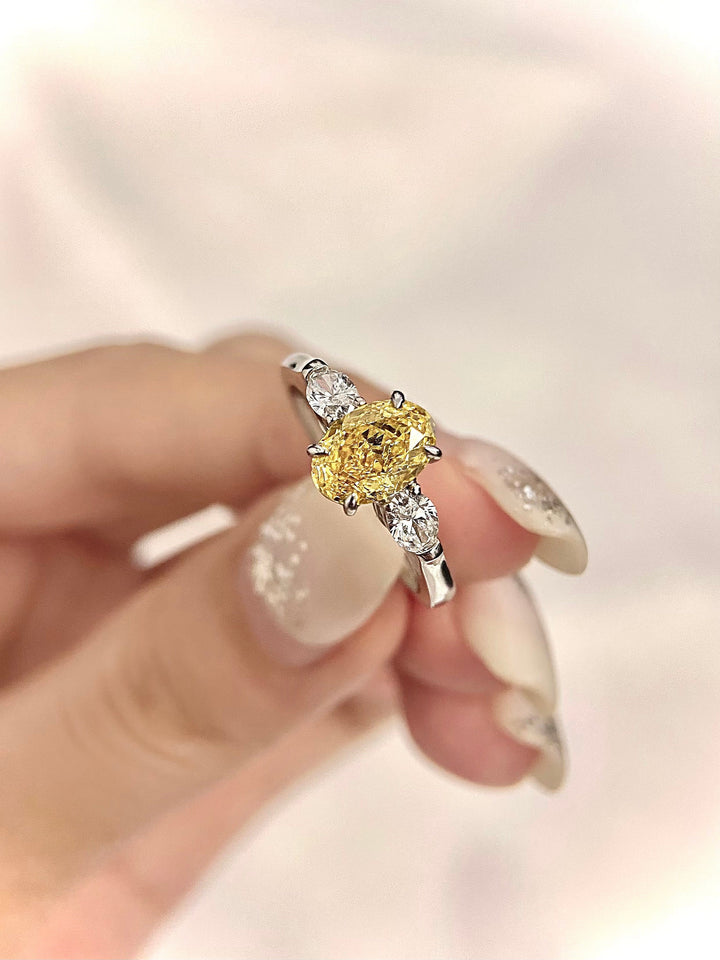1.50ct-2.50ct Fancy Yellow Oval Cut Lab Grown Three Stone Diamond Engagement Ring
