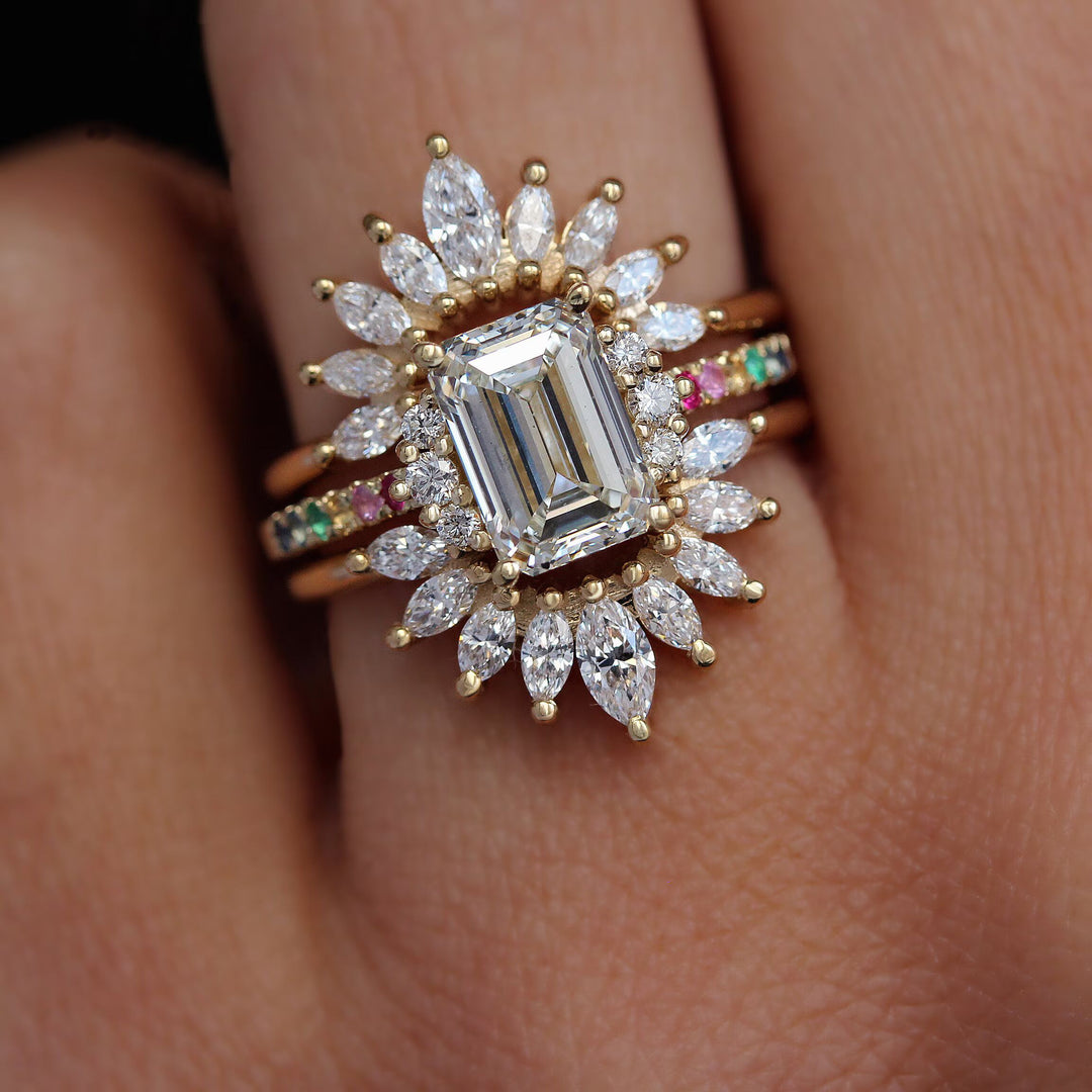 2.0CT Emerald Lab Grown Cluster Diamond Pave Engagement Ring
