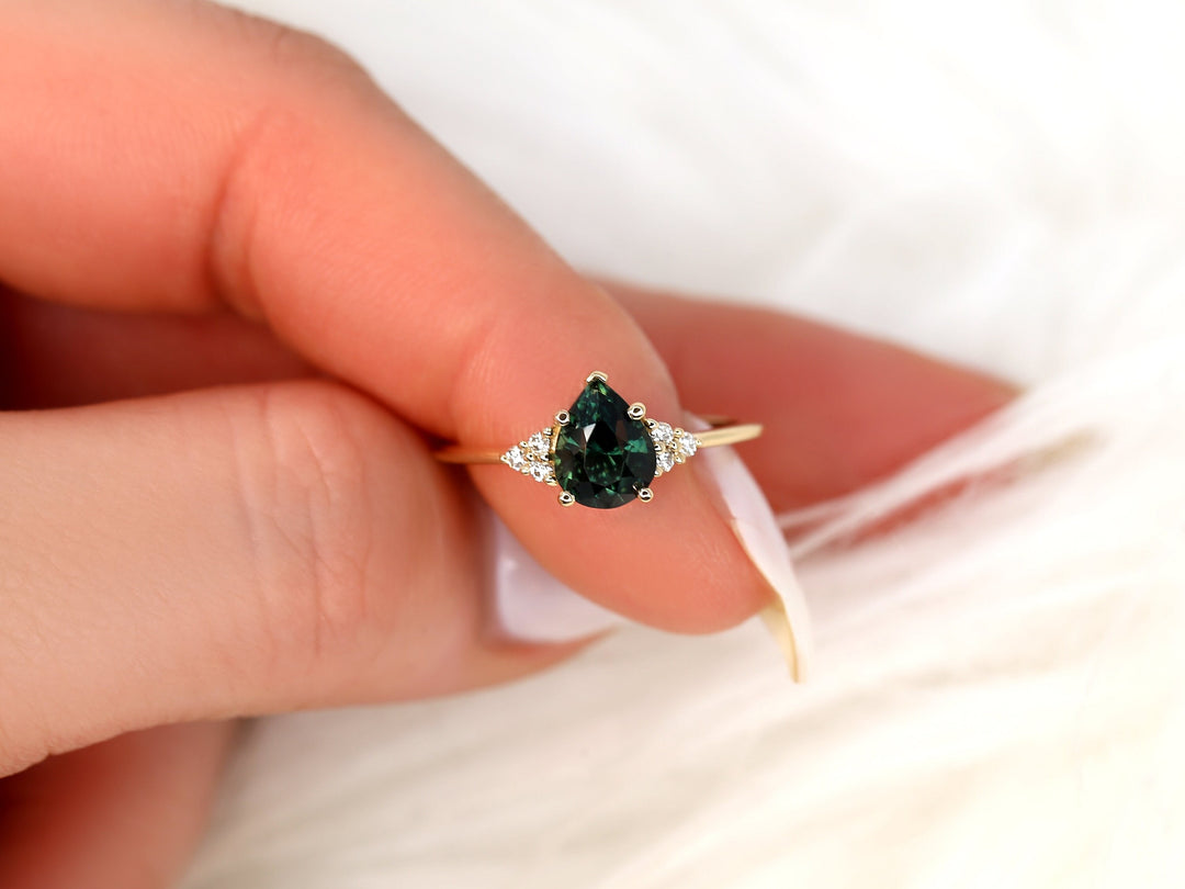 2.0CT Teal Sapphire Pear Cut Lab Grown Cluster Diamond Engagement Ring