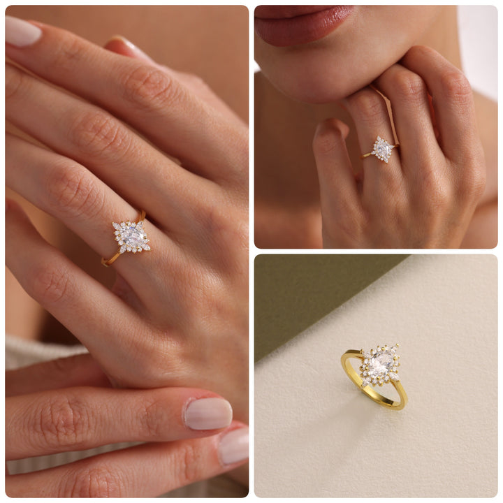 1.0ct-2.0ct Oval Cut Lab Grown Diamond Floral Halo Engagement Ring