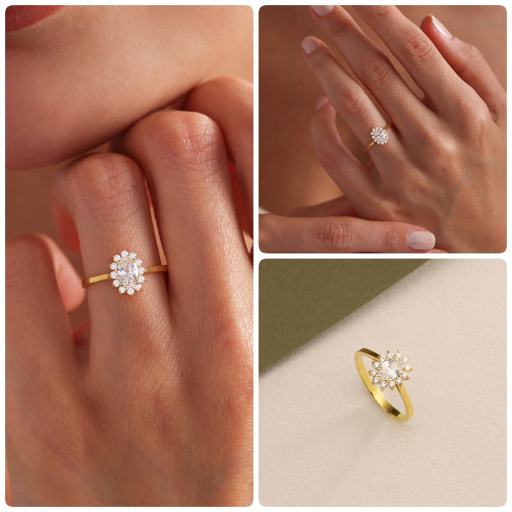 1.0ct-2.0ct Oval Cut Lab Grown Diamond Floral Halo Engagement Ring