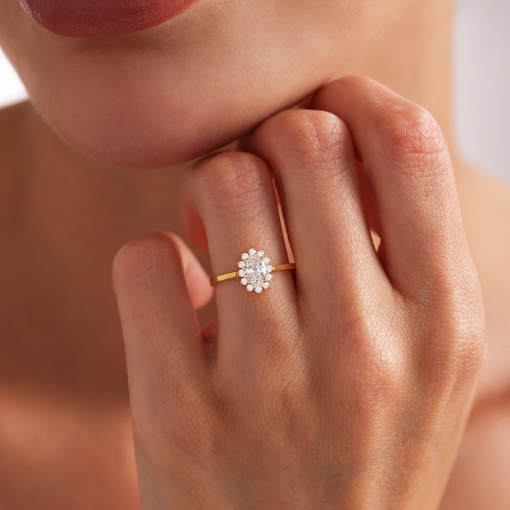 1.0ct-2.0ct Oval Cut Lab Grown Diamond Floral Halo Engagement Ring