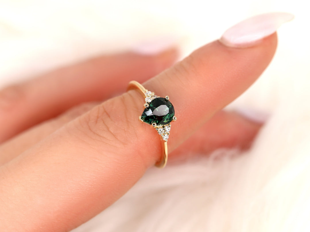 2.0CT Teal Sapphire Pear Cut Lab Grown Cluster Diamond Engagement Ring