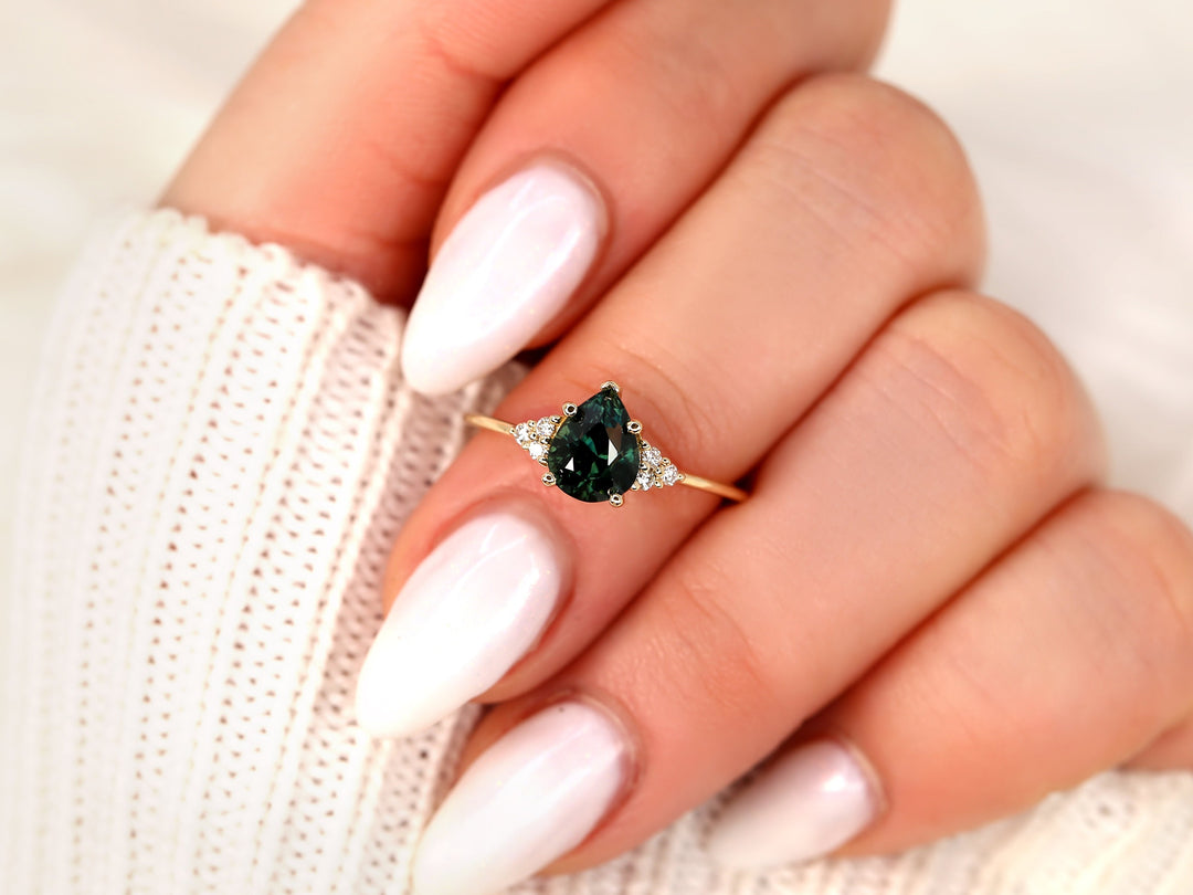 2.0CT Teal Sapphire Pear Cut Lab Grown Cluster Diamond Engagement Ring