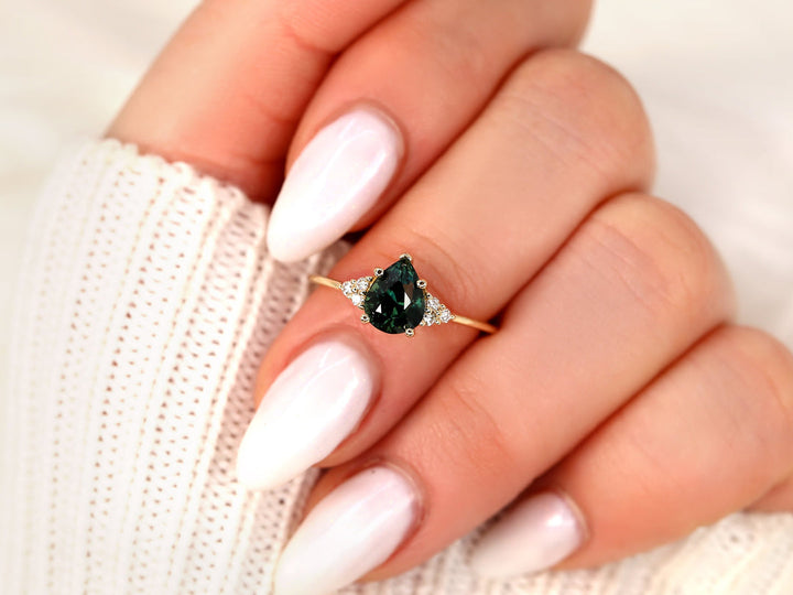 2.0CT Teal Sapphire Pear Cut Lab Grown Cluster Diamond Engagement Ring