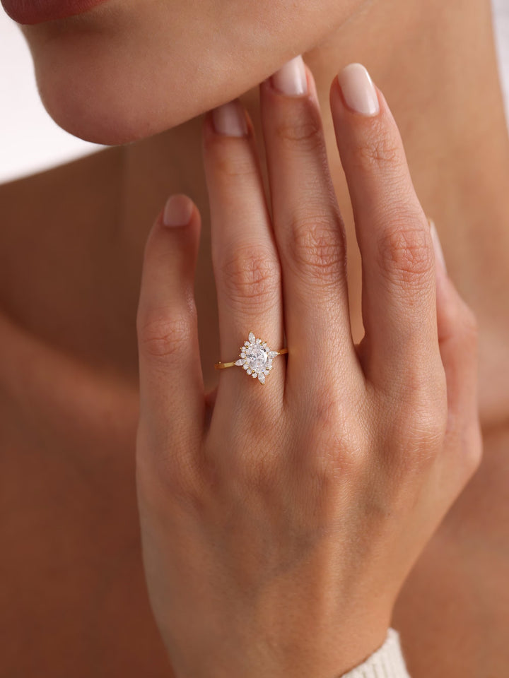1.0ct-2.0ct Oval Cut Lab Grown Diamond Floral Halo Engagement Ring